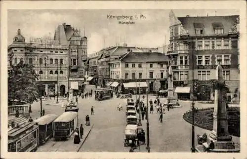 Ak Kaliningrad Königsberg Ostpreußen, Münzplatz, Straßenbahnen