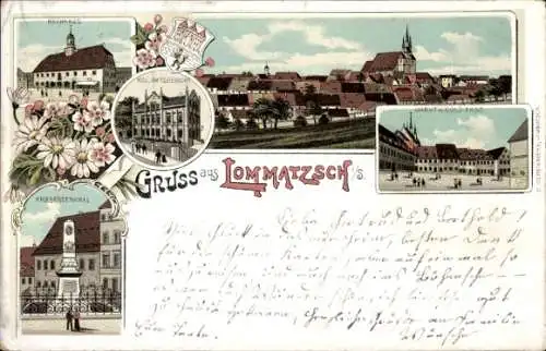 Wappen Litho Lommatzsch in Sachsen, Rathaus, Markt, Kriegerdenkmal, Amtsgericht