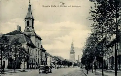 Ak Sowjetsk Tilsit Ostpreußen, Deutsche Straße, Rathaus, Stadtkirche