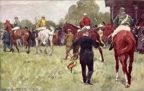Künstler Ak Koch, L., Pferderennsport, Jockeys zu Pferden