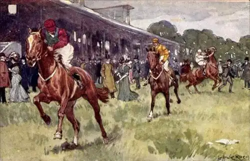 Künstler Ak Koch, L., Pferderennsport, Jockeys zu Pferden