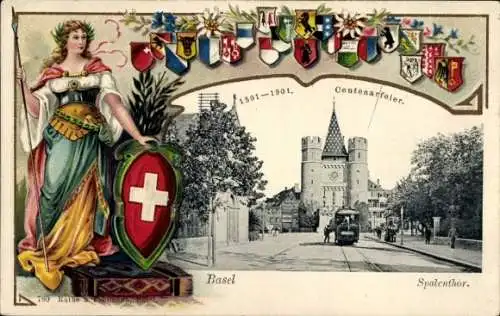 Wappen Ak Basel Bâle Stadt Schweiz, Spalentor, Zentenarfeier, Kriegerin mit Schutzschild