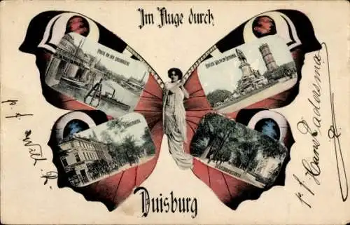 Schmetterlings Ak Duisburg im Ruhrgebiet, Schmetterling, Turm, Denkmal, Teilansicht