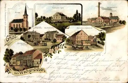 Ak Wackersleben in Sachsen Anhalt, Kirche, Fabrike, Restaurant