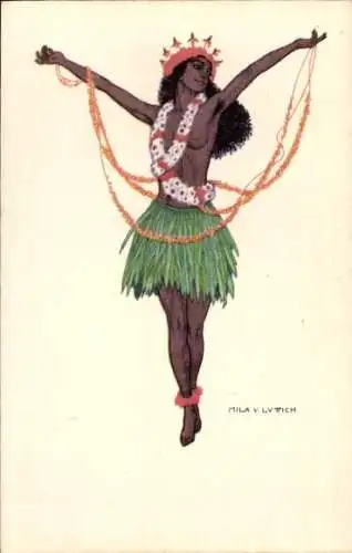 Künstler Ak Mila v. Luttich, Ozeanische Frau, barbusig, Blumenketten, Bastrock