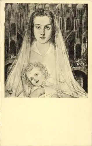 Künstler Ak Toorop, J., Madonna mit Kind vor einer Kathedrale