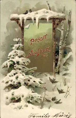 Litho Prosit Neujahr, Schild, Tanne, Schnee