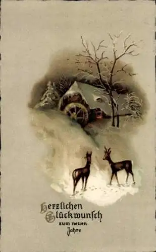 Ak Neujahrsglückwunsch, Wassermühle im Winter, Rehe