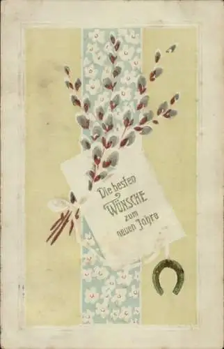 Ak Neujahrsglückwunsch, beste Neujahrsglückwünsche, Weidenkätzchen, Hufeisen