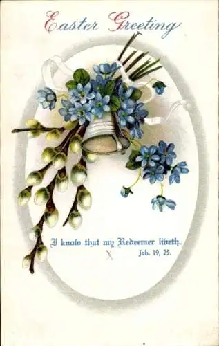 Litho Glückwunsch Ostern, Weidenkätzchen, Vergissmeinnicht