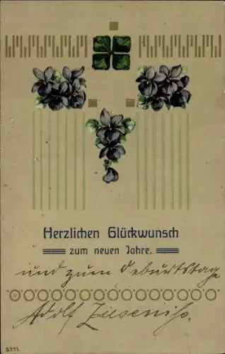 Ak Glückwunsch Neujahr, Kleeblatt, Blumen