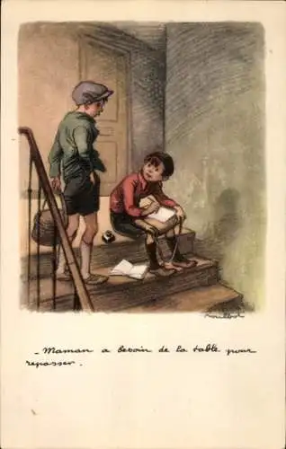 Künstler Ak Poulbot, Francisque, Zwei Jungen, Schulranzen, Treppen