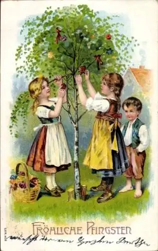 Litho Fröhliche Pfingsten, Kinder schmücken Birke