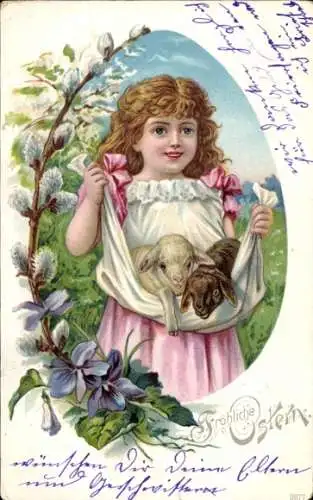 Litho Glückwunsch Ostern, Mädchen, Lämmer, Weidenkätzchen