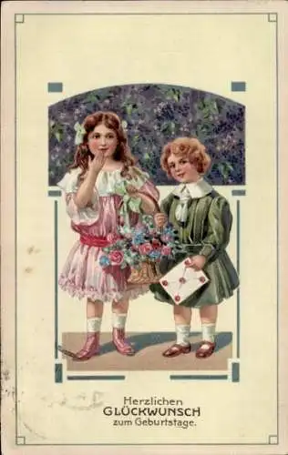 Präge Ak Glückwunsch Geburtstag, Kinder, Blumenkorb
