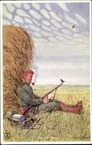 Künstler Ak Soldat rastet am Heuballen auf dem Feld