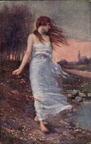 Künstler Ak Klimes, Im Winde, Frau mit langem Haar