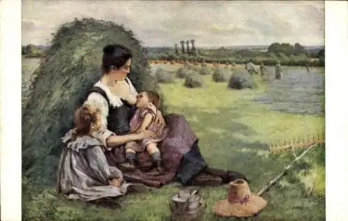 Künstler Ak Brouillet, A., Dorfidyll, Mutter mit Kindern