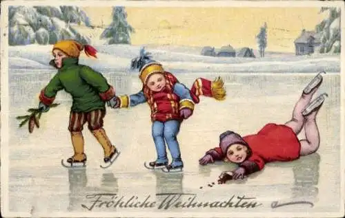 Ak Fröhliche Weihnachten, Kinder, Eislaufen