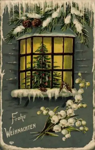 Präge Ak Frohe Weihnachten, Tannenbaum, Schneeglöckchen
