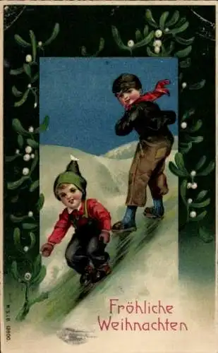 Präge Ak Glückwunsch Weihnachten, Jungen beim Eislaufen, Mistelzweige