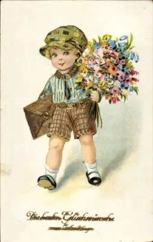 Ak Glückwunsch Geburtstag, Kleiner Junge mit Blumenstrauß