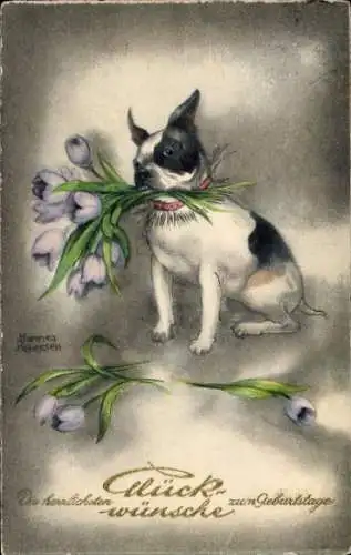 Künstler Ak Petersen, Hannes, Glückwunsch Geburtstag, Hund mit Blumen