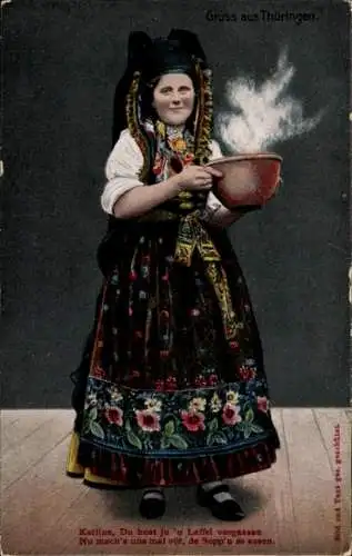 Ak Frau in Thüringer Volkstracht, Schüssel