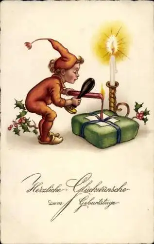 Litho Glückwunsch Geburtstag, Zwerg mit Geschenk, Kerze