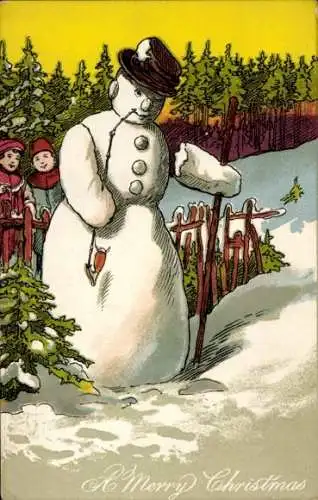 Ak Glückwunsch Weihnachten, Schneemann, Kinder, Tannenbäume