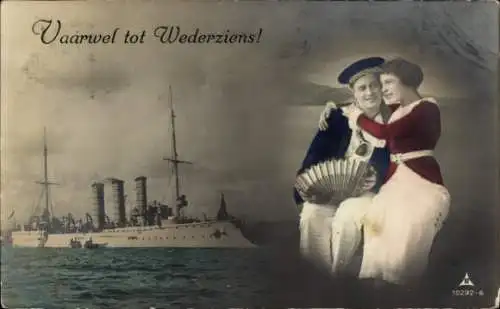 Ak Niederländisches Kriegsschiff, Liebespaar, Marinesoldat