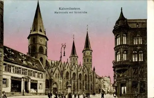 Ak Kaiserslautern in der Pfalz, Vorderansicht der Marktstraße, Stiftskirche, historische Gebäude