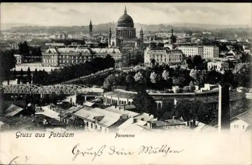 Ak Potsdam, Panoramablick auf  domartige Gebäude, Brücke, Landschaft