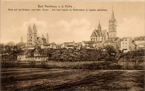 Ak Bad Homburg vor der Höhe Hessen, Stadtansicht, Erlöser- und Kath. Kirche, Blick auf Kirchen