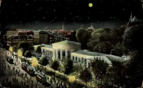Ak Aachen, Beleuchteter Elisenbrunnen, nächtliche Szene, Straßenbahn, Bäume, Sterne