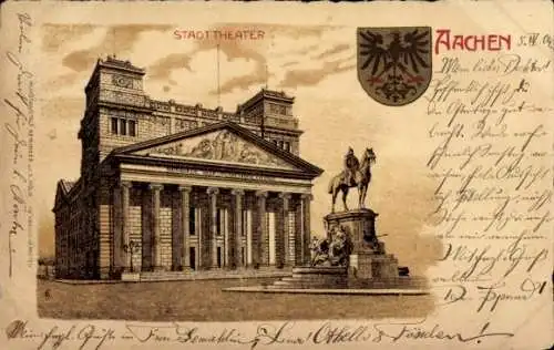 Ak Aachen, Stadt-Theater, historische Architektur, Statue auf dem Platz, Wappen