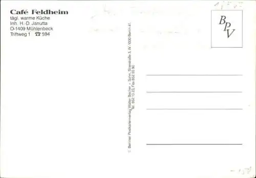 Ak Mühlenbeck Mühlenbecker Land, Café Feldheim, vier Bilder des Cafés, Schultheiss, gemütliche...