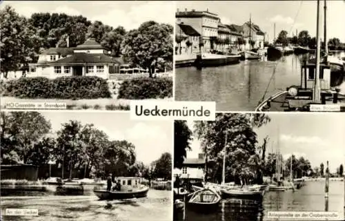 Ak Ueckermünde in Vorpommern, Strandpark, Uecker, Anlegestelle, alte Gebäude, Boote