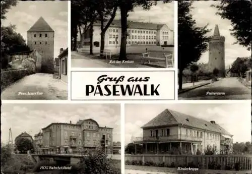 Ak Pasewalk in Mecklenburg Vorpommern, Pulverturm, Kinderkrippe, Prenzlauer Tor, HOG Bahnhofshotel