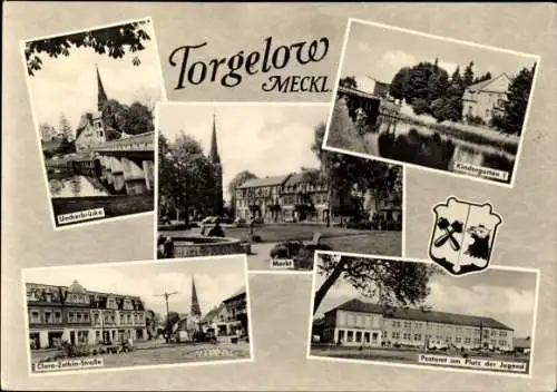 Ak Torgelow an der Uecker, Fünf Fotos: Ueckerbrücke, Clare-Zetkin-Straße, Markt, Kindergarten,...