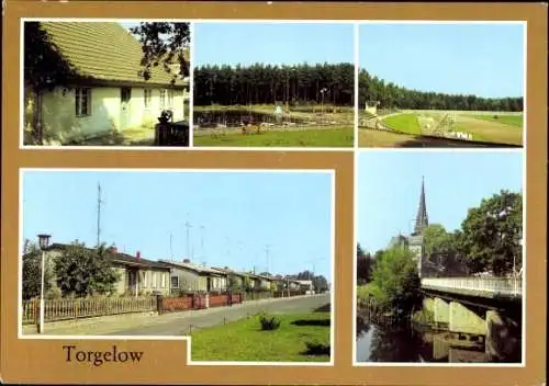Ak Torgelow an der Uecker, Verschiedene Ansichten,  Kirche, Brücke, Stadion