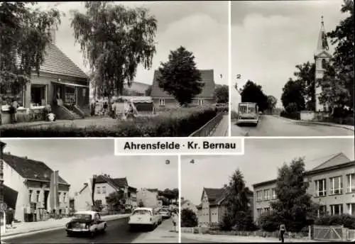 Ak Ahrensfelde bei Berlin, BHG-Verkaufsstelle, Bus-Endhaltestelle, Lindenberger Straße, Oberschule