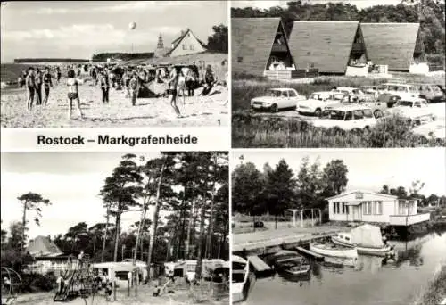 Ak Ostseebad Markgrafenheide Rostock, Strandansicht, Bungalowsiedlung, Zeltplatz, Bootsanleges...