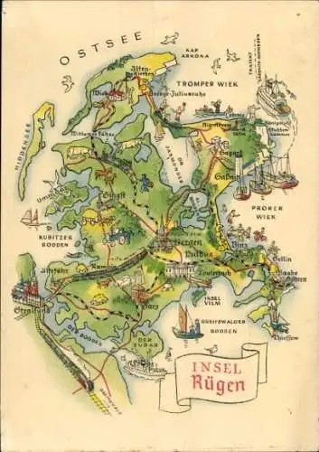 Ak Insel Rügen, Kartenübersicht von  Zeichnung mit Orten, Küstenlinie, Schiffe