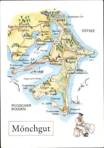 Ak Mönchgut Insel Rügen, Karte von  Orte, Ostsee, Rügischer Bodden, landkarte