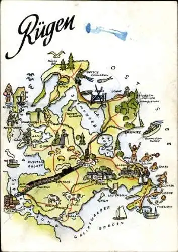 Ak Insel Rügen, Landkarte von  Illustrationen, Orte und Sehenswürdigkeiten