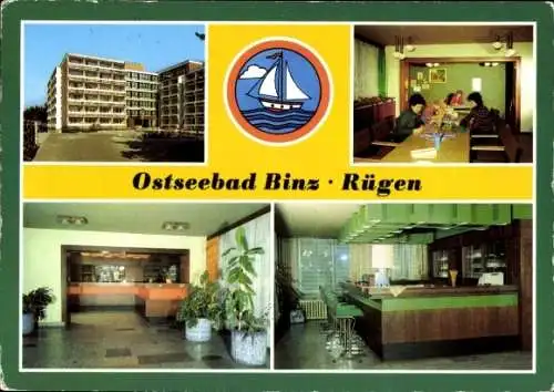 Ak Seebad Binz auf Rügen, Postkarte Ostseebad Binz, Fassade und Innenräume des Urlauberwohnheims