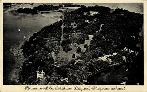 Ak Potsdam Sanssouci, Luftaufnahme der Pfaueninsel