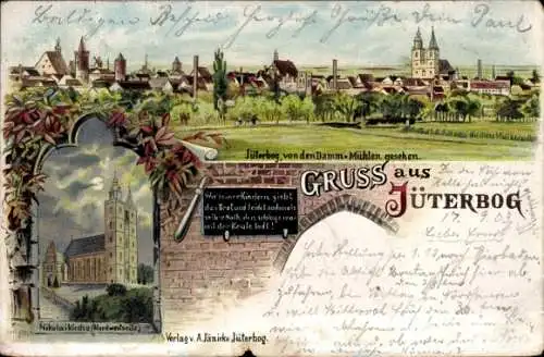 Ak Jüterbog in Brandenburg, Vorschau auf  Nikolaikirche, Landschaft mit Mühlen