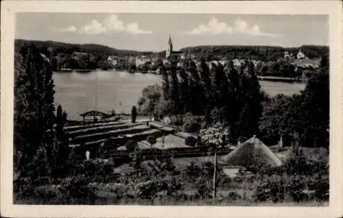 Ak Buckow in der Märkischen Schweiz, See mit umliegenden Bäumen, Kirche im Hintergrund, Garten...